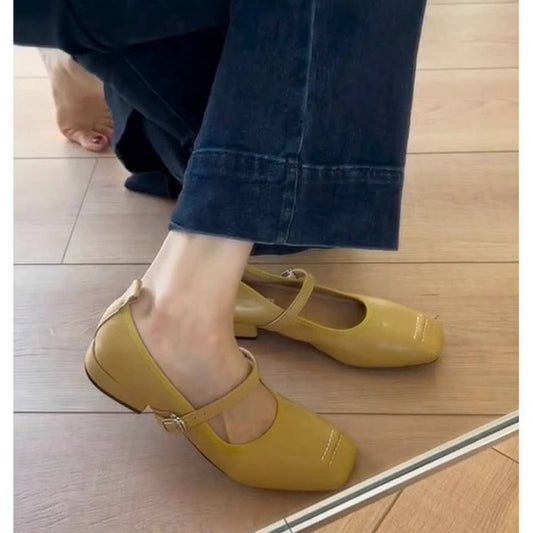 Soft Yellow Square Toe Mary Jane Flat Shoes_CWSHF0123