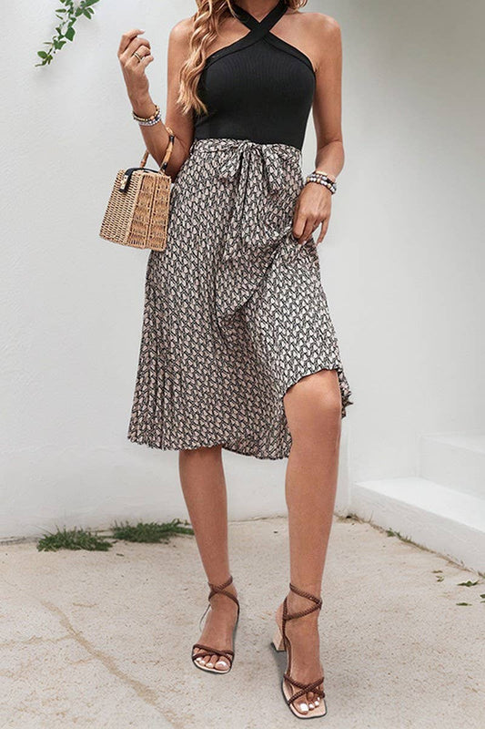 CWDHL0743_CASUAL HALTER COLORBLOCK CROSS NECK DRESS