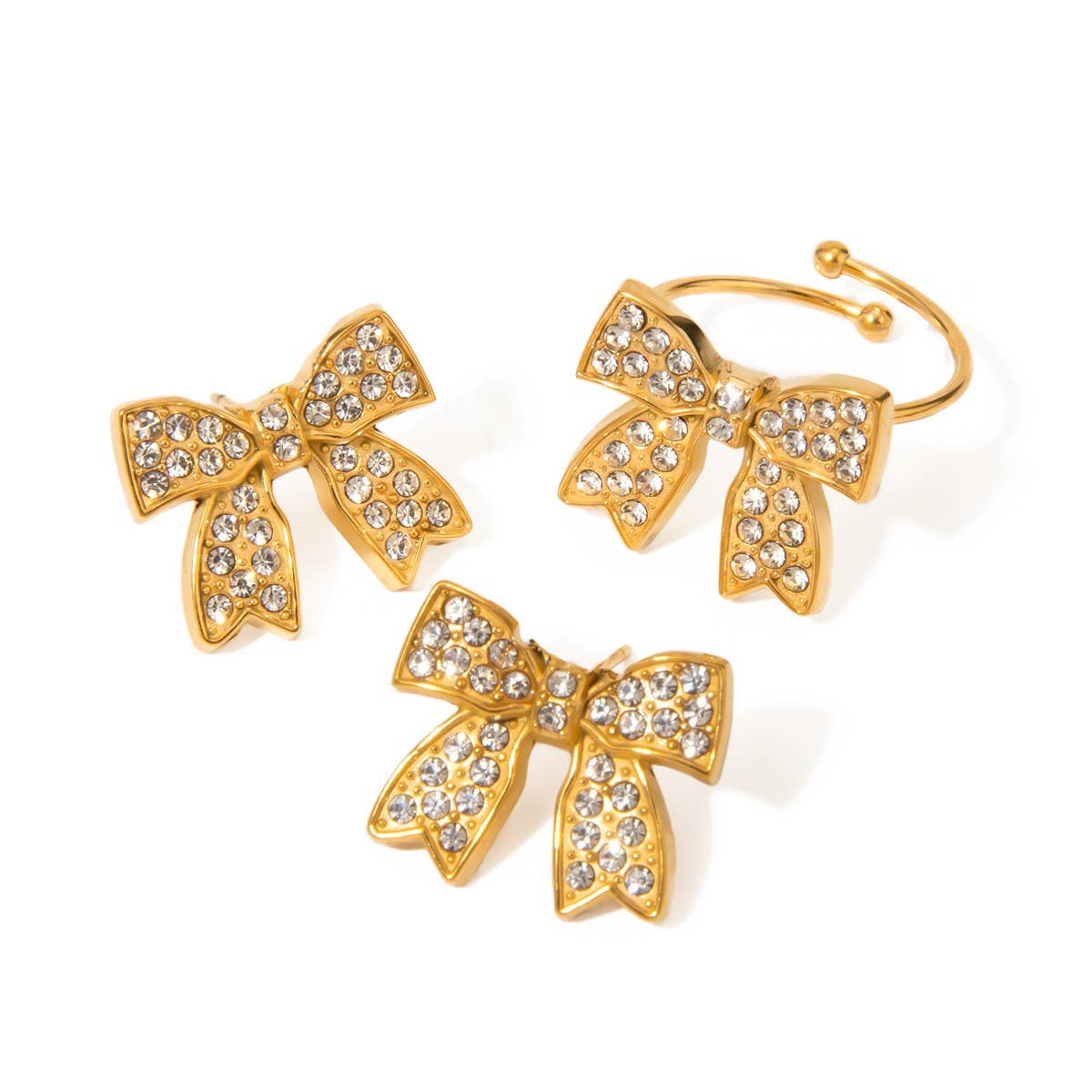 RETRO HIGH-END BOW EARRINGS AND RING SET_CWAJE1887