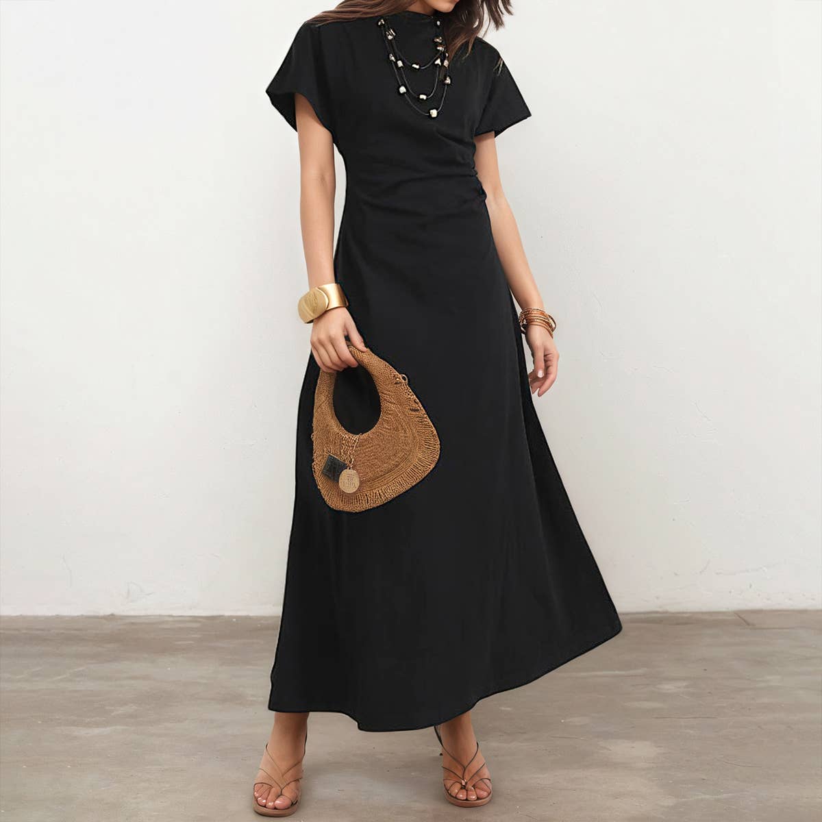 Pleated cinched waists retro style long dress