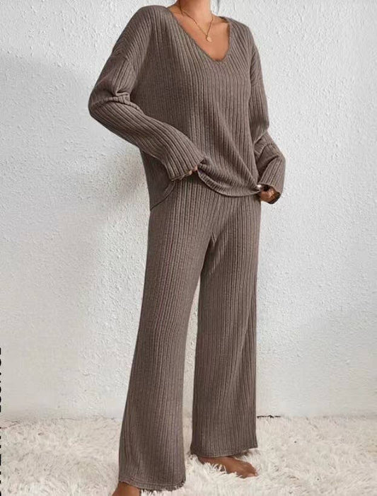 V-NECK LOOSE CASUAL PIT STRIP LONG SLEEVE SUIT