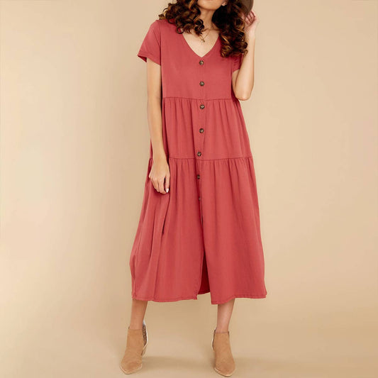 V-neck single-breasted pleated loose long dress