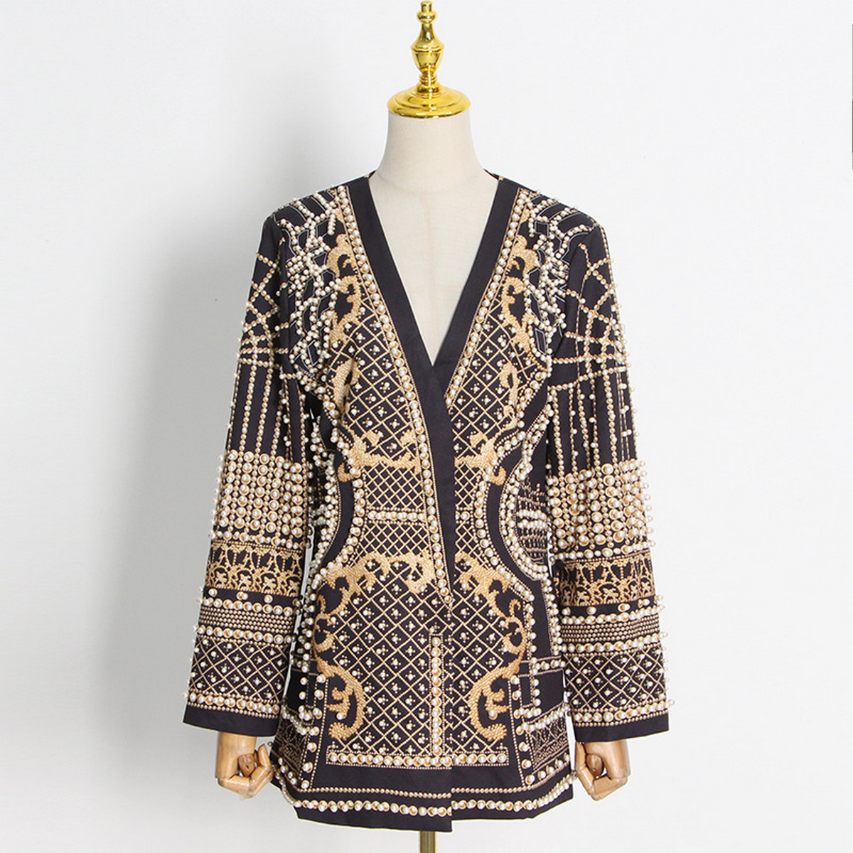 Stylish V-Neck Beaded Print Blazer Jacket_CWOCO1215