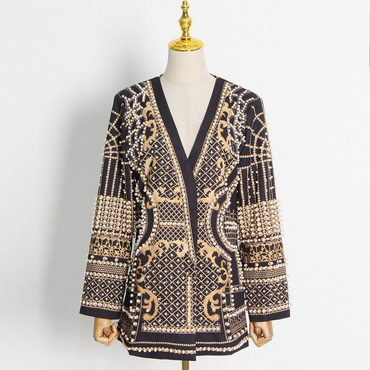 Stylish V-Neck Beaded Print Blazer Jacket_CWOCO1215