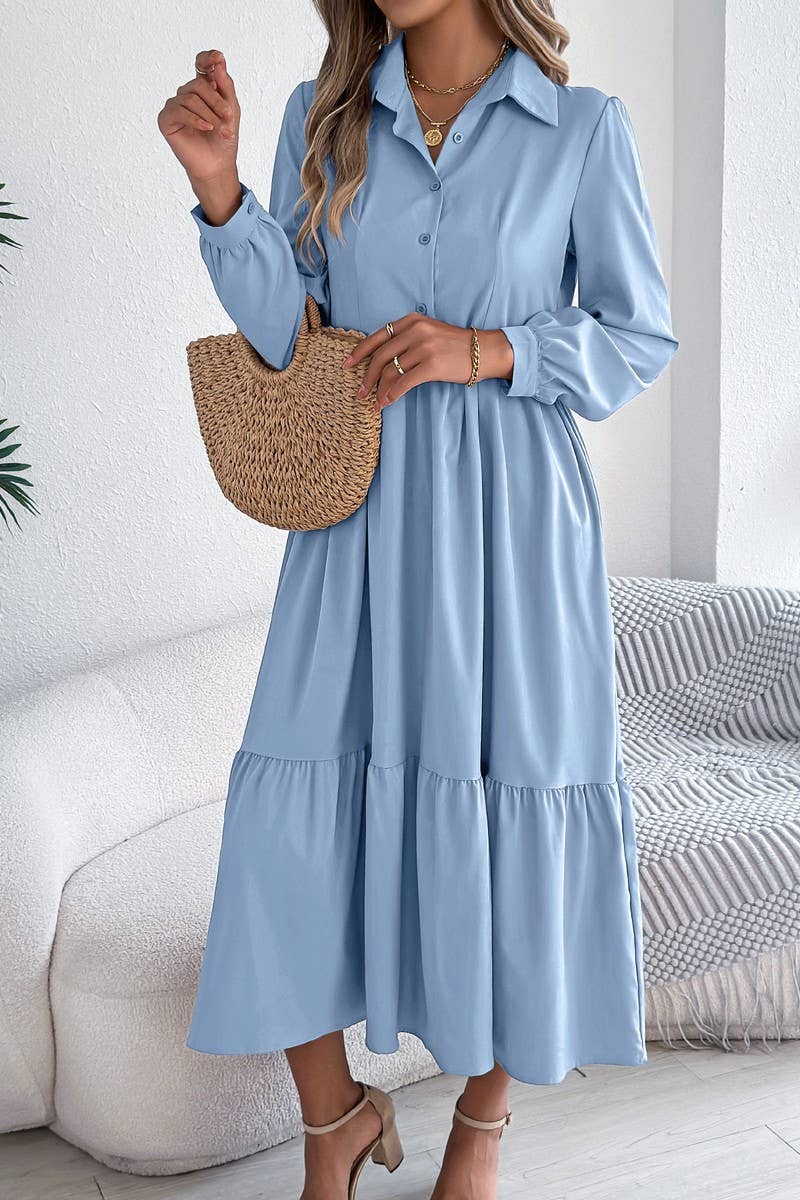 CWDMD6027_LOOSE FIT RUFFLE TRIM LONG SLEEVE SHIRT DRESS