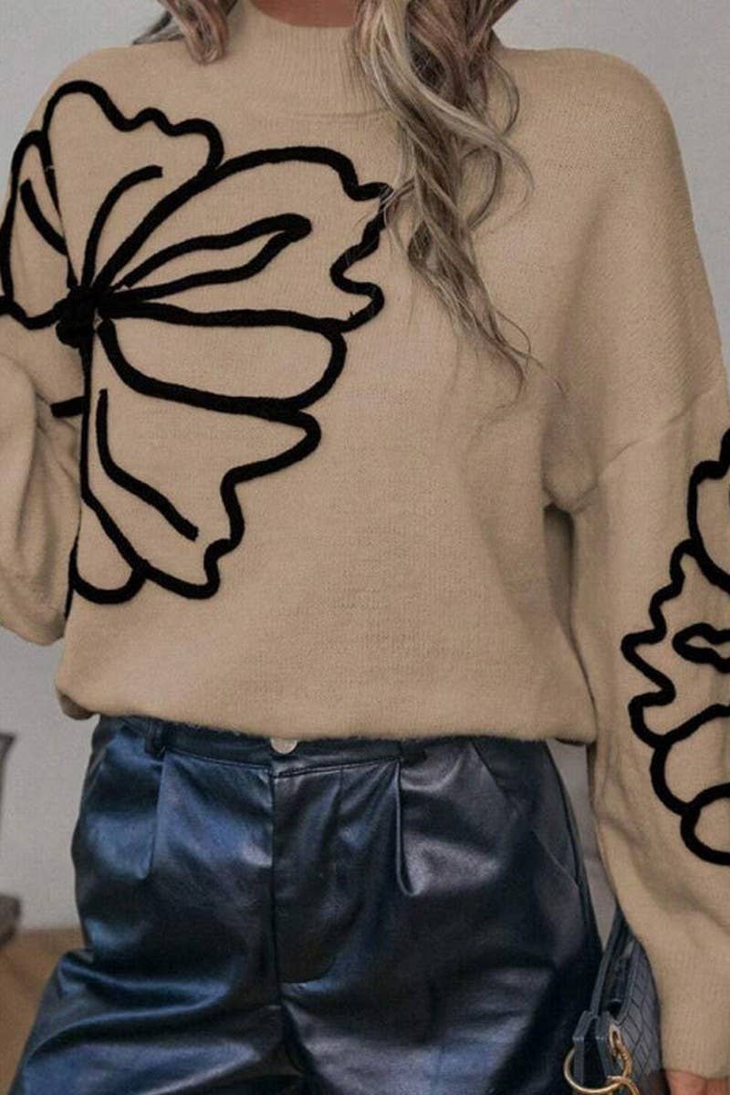 CWOSWL07303_EMBROIDERED 3D FLORAL HIGH NECK KNIT SWEATER