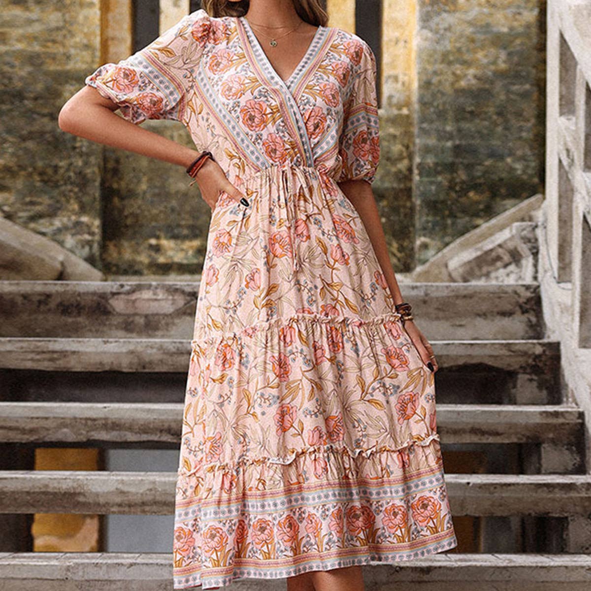 Mushroom edge printed V neck dress_CWDMD1507