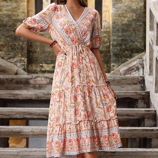 Mushroom edge printed V neck dress_CWDMD1507