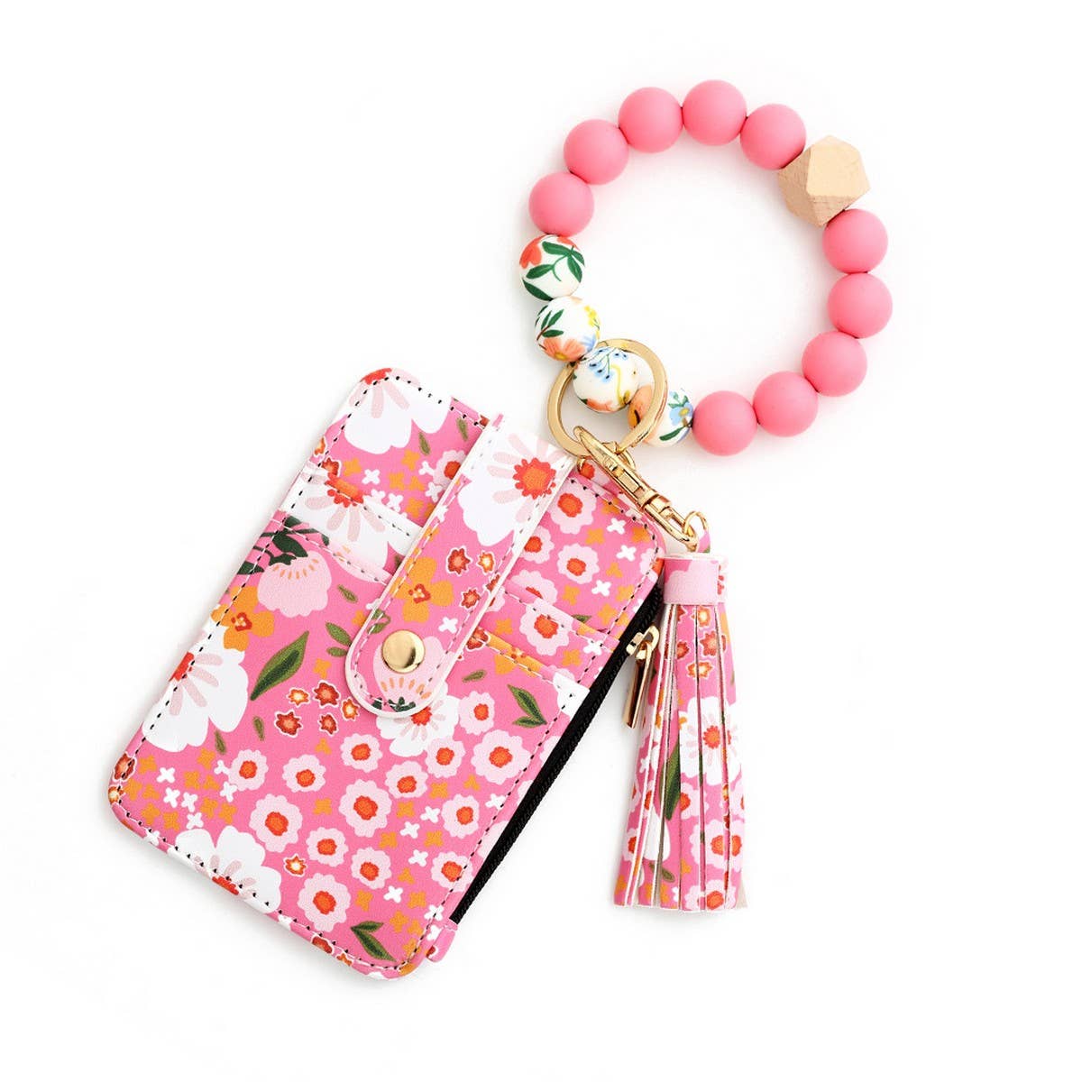 Floral PU Wallet with Bead Bracelet & Card Holder_CWAB4955