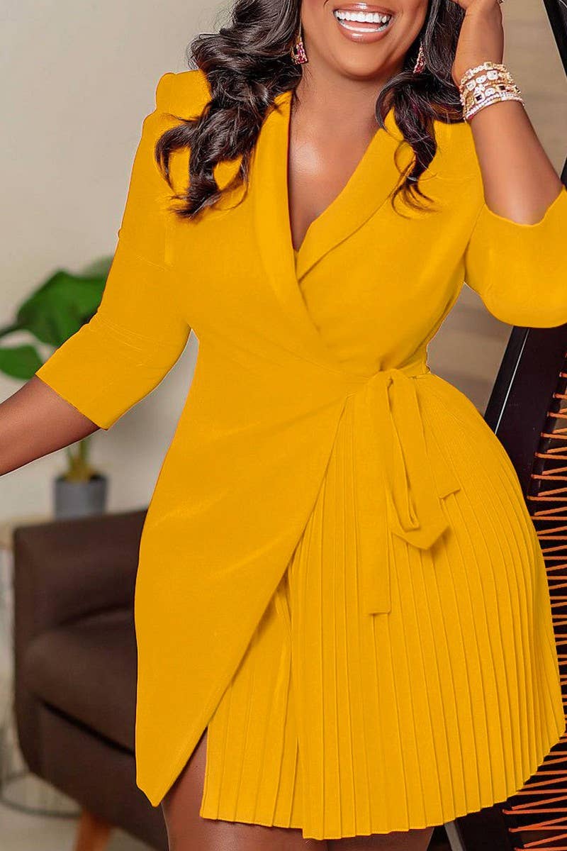 CWDSD3574_PLUS SIZE SUIT COLLAR STRAPPED PLEATED SHORT DRESS