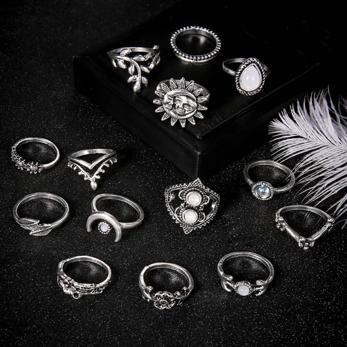 CWASC1952_WATER DROP SUNFLOWER MOON SUN HOLLOW RING SET