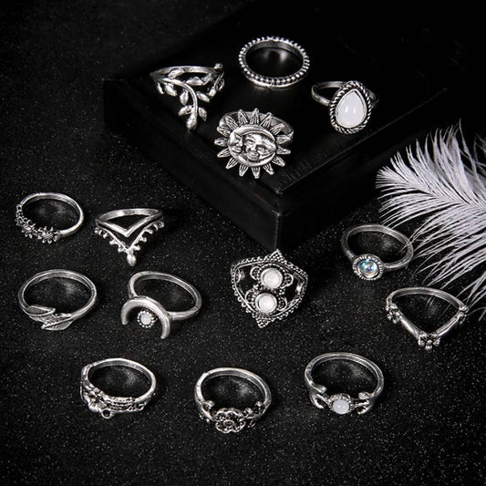 CWASC1952_WATER DROP SUNFLOWER MOON SUN HOLLOW RING SET
