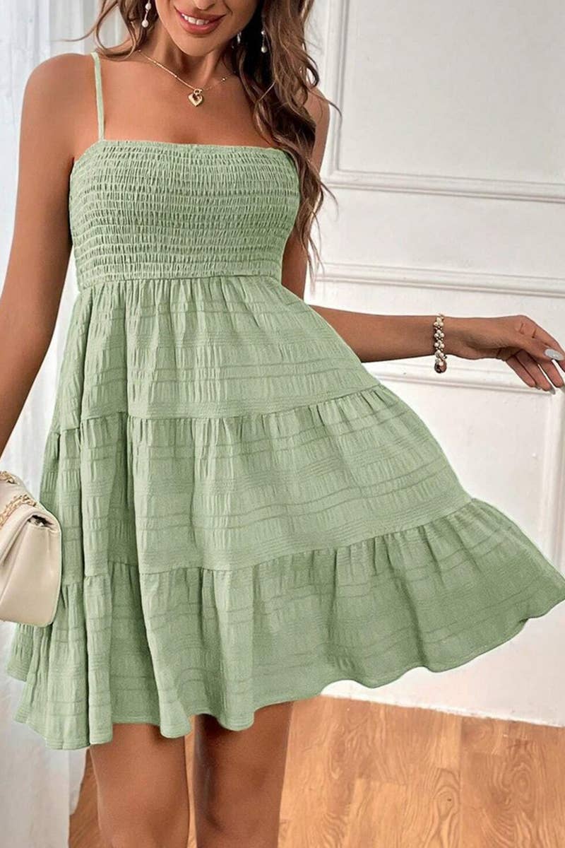 CWDHL0739_SUMMER SOLID COLOR TEXTURED SUSPENDER DRESS