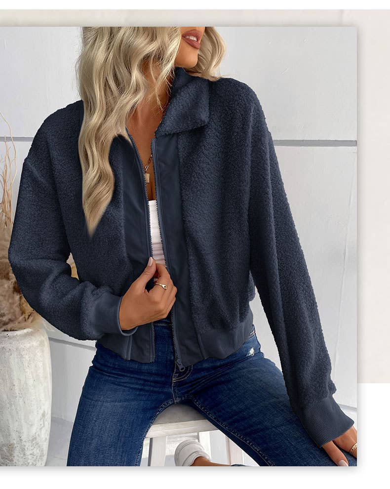 Solid-color polar fleece lapel zipper jacket