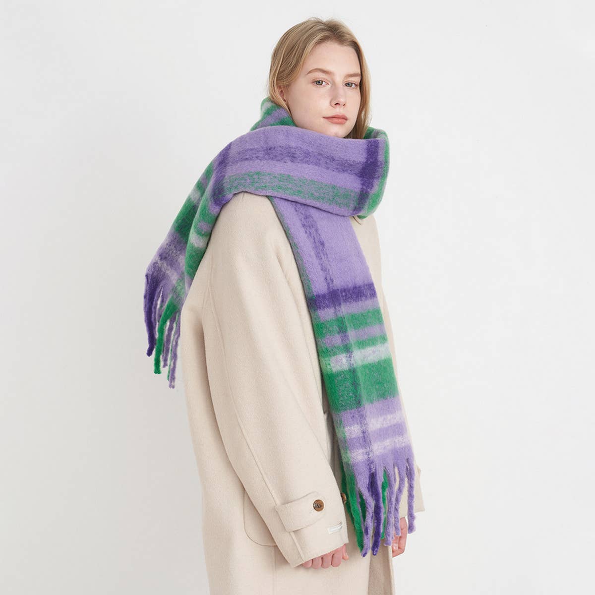 French Retro Plaid Scarf - Winter Tassel Wrap