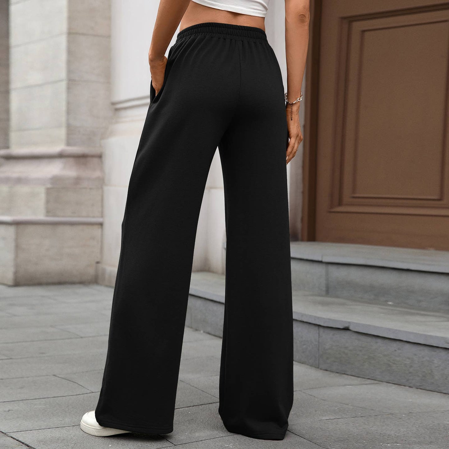 Solid color tight-waist straight casual pants