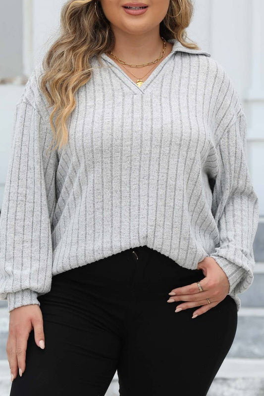 Cwttl1312_Plus Size Casual Foldover Collar Knit Pullover Top