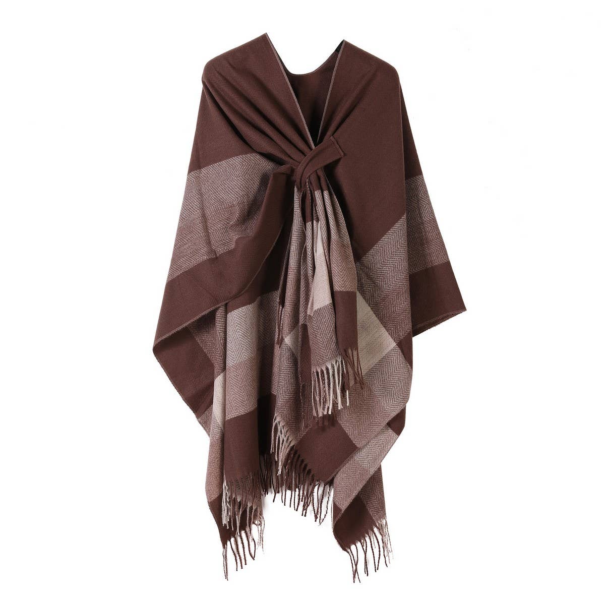 FRINGED CAPE FIXED TIE SHAWL FAUX CASHMERE SCARF
