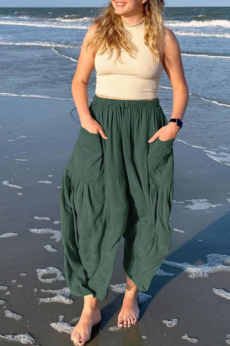 CWBLP1853_ELASTIC WAIST PLEATED HIGH WAIST WIDE LEG PANTS