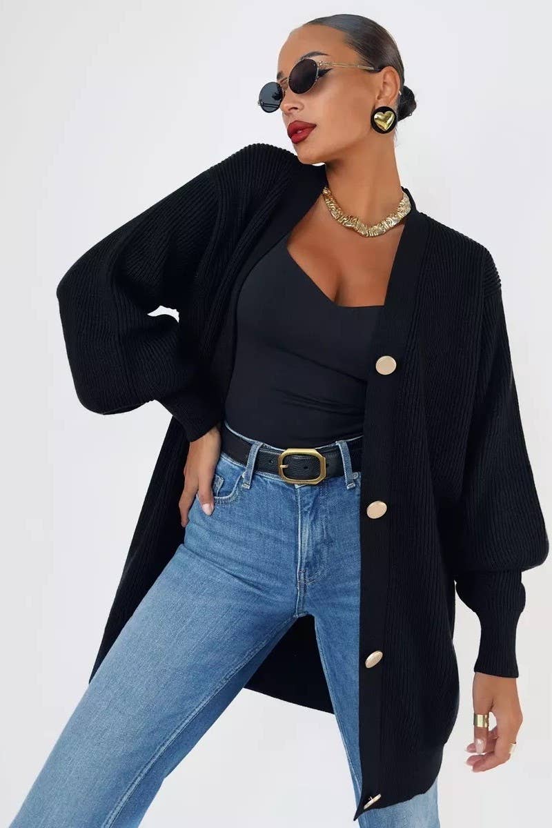 CWOCAL1481_V-NECK SOLID COLOR LENGTH KNITTED SWEATER COATS