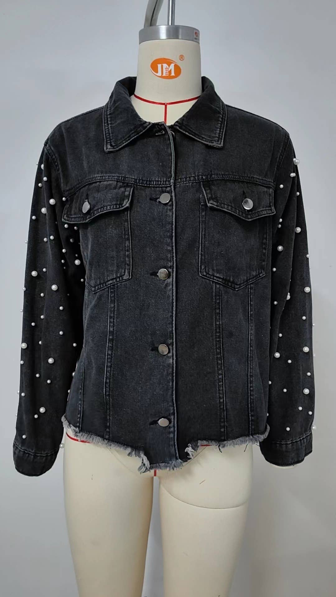 Washed beaded long-sleeved casual denim jacket