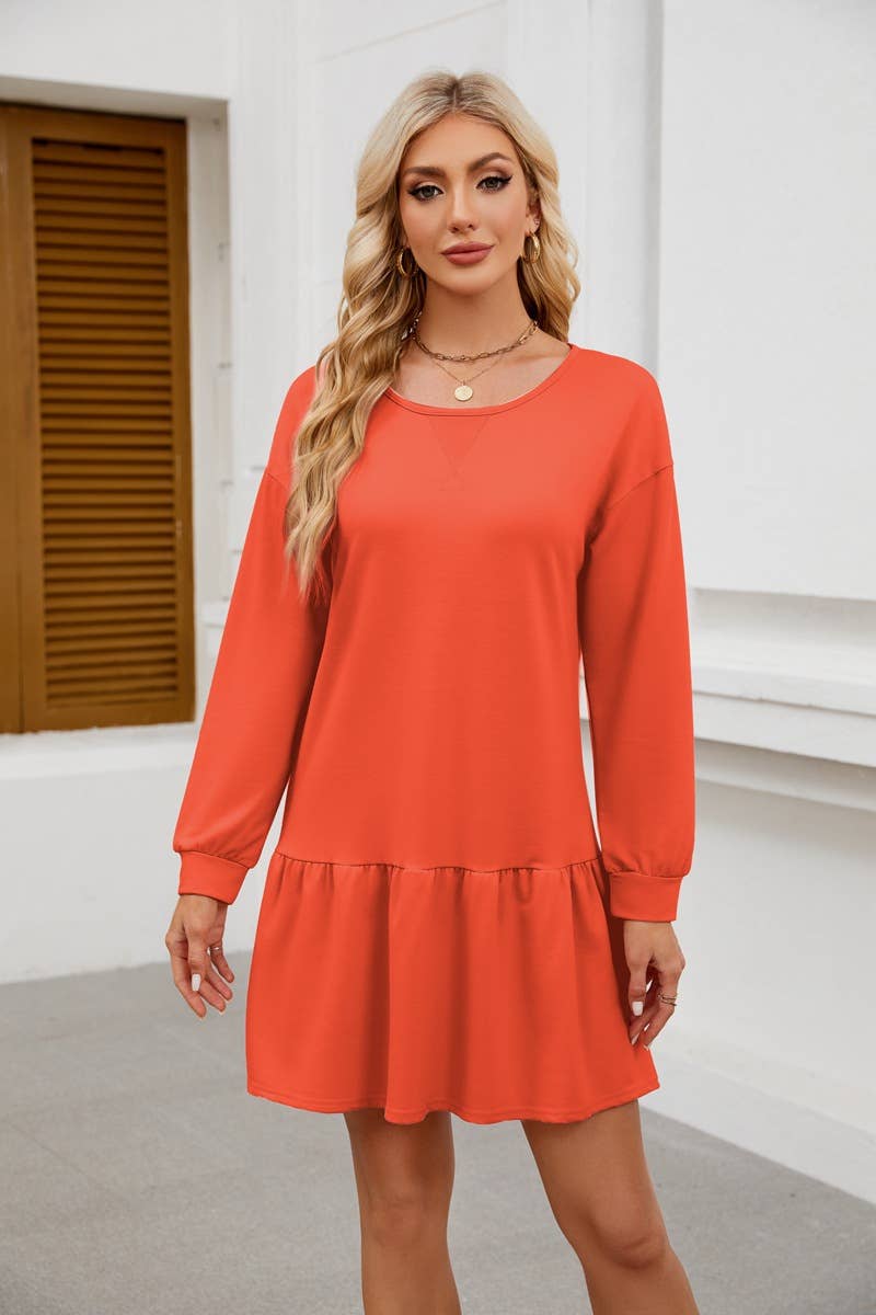 ROUND NECK LONG SLEEVE SOLID COLOR SHORT DRESS