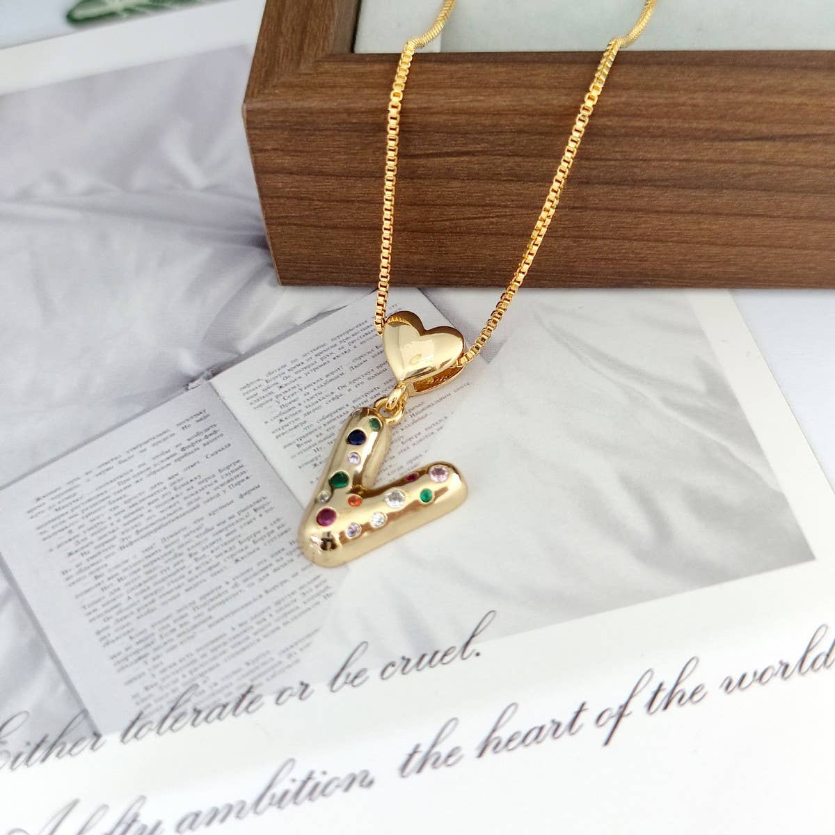 Colorful Zirconia Heart Letter Pendant Necklace