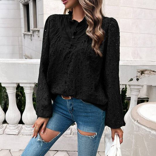 Temperament hollow embroidery long sleeve top