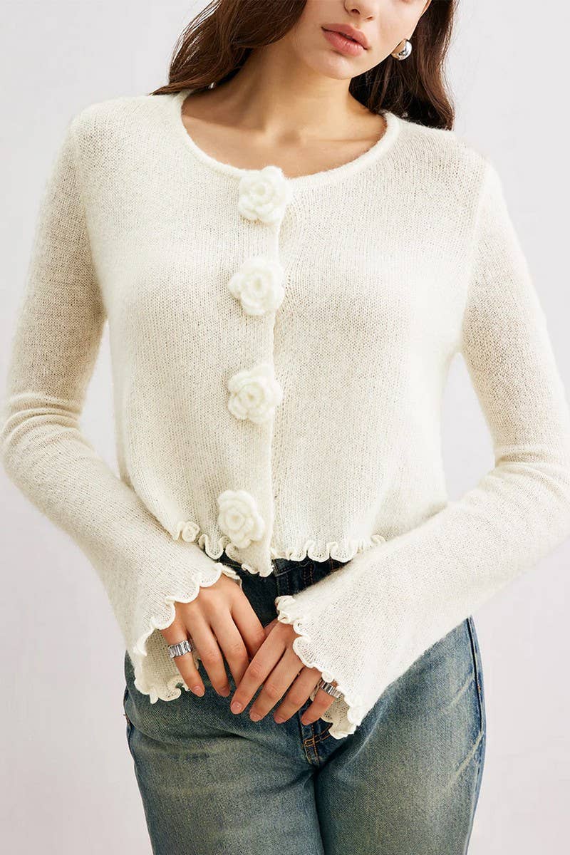 CWOSWL07424_FLORAL APPLIQUE RUFFLE TRIM FITTED KNIT TOP