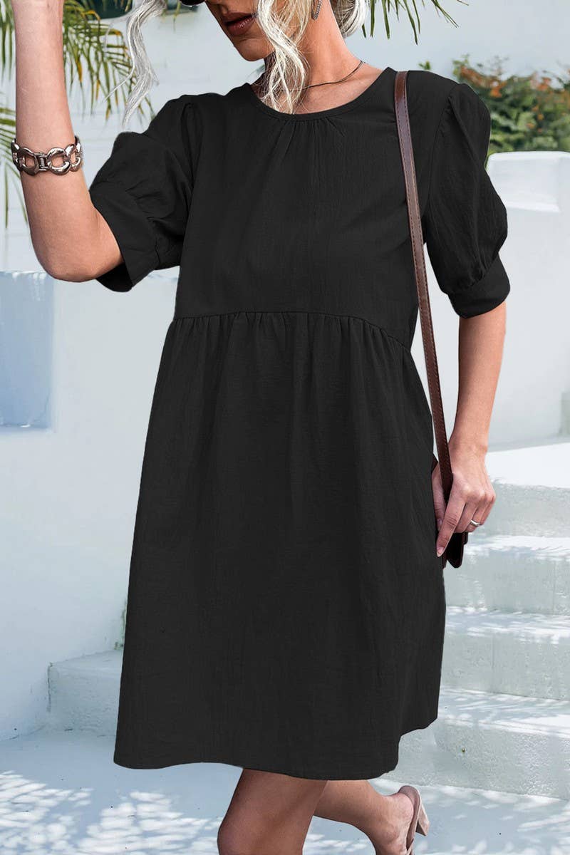 ROUND NECK BUTTON DOWN BUBBLE SLEEVE DRESS_CWDSD2627