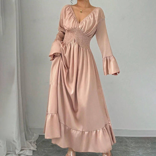 V-NECK WAIST ELEGANT SOLID COLOR LONG WAIST DRESS