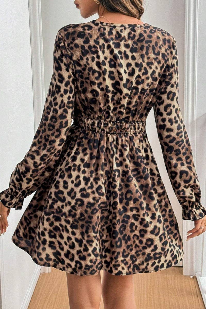 CWDSD6892_V-NECK LEOPARD LACE PATCHWORK LONG-SLEEVED DRESS