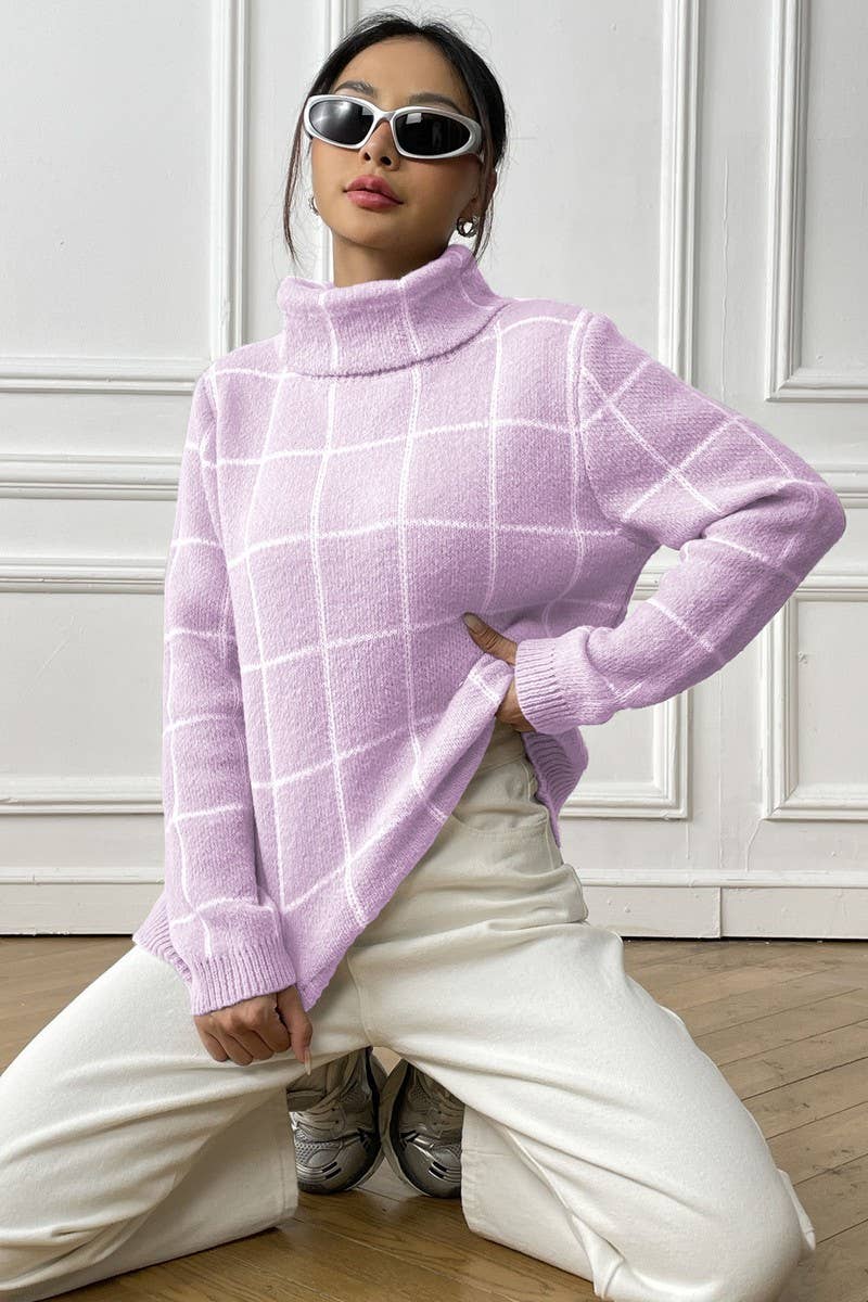 WOMEN PLAID PATTERN HIGH TURTLE NECK FW SWEATER_CWOSWL1439