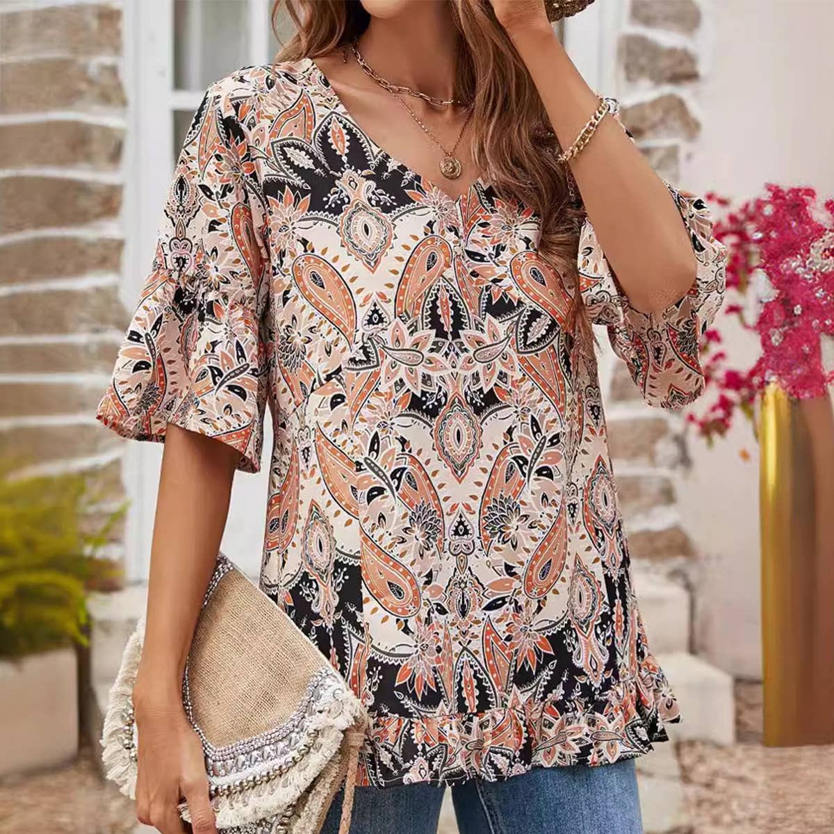 V-NECK PRINTED CASUAL FLARED SLEEVE BLOUSE