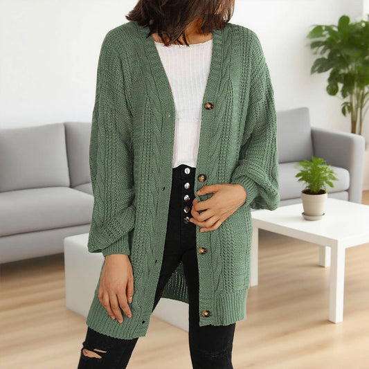 V-neck twist lantern sleeve long cardigan coat