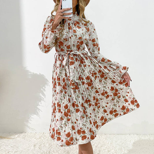 PRINTED LONG-SLEEVED HALF-TURTLENECK DRESS