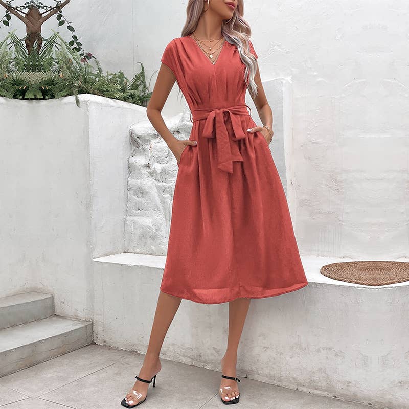 Simple,elegant versatile V-neck lace-up dress