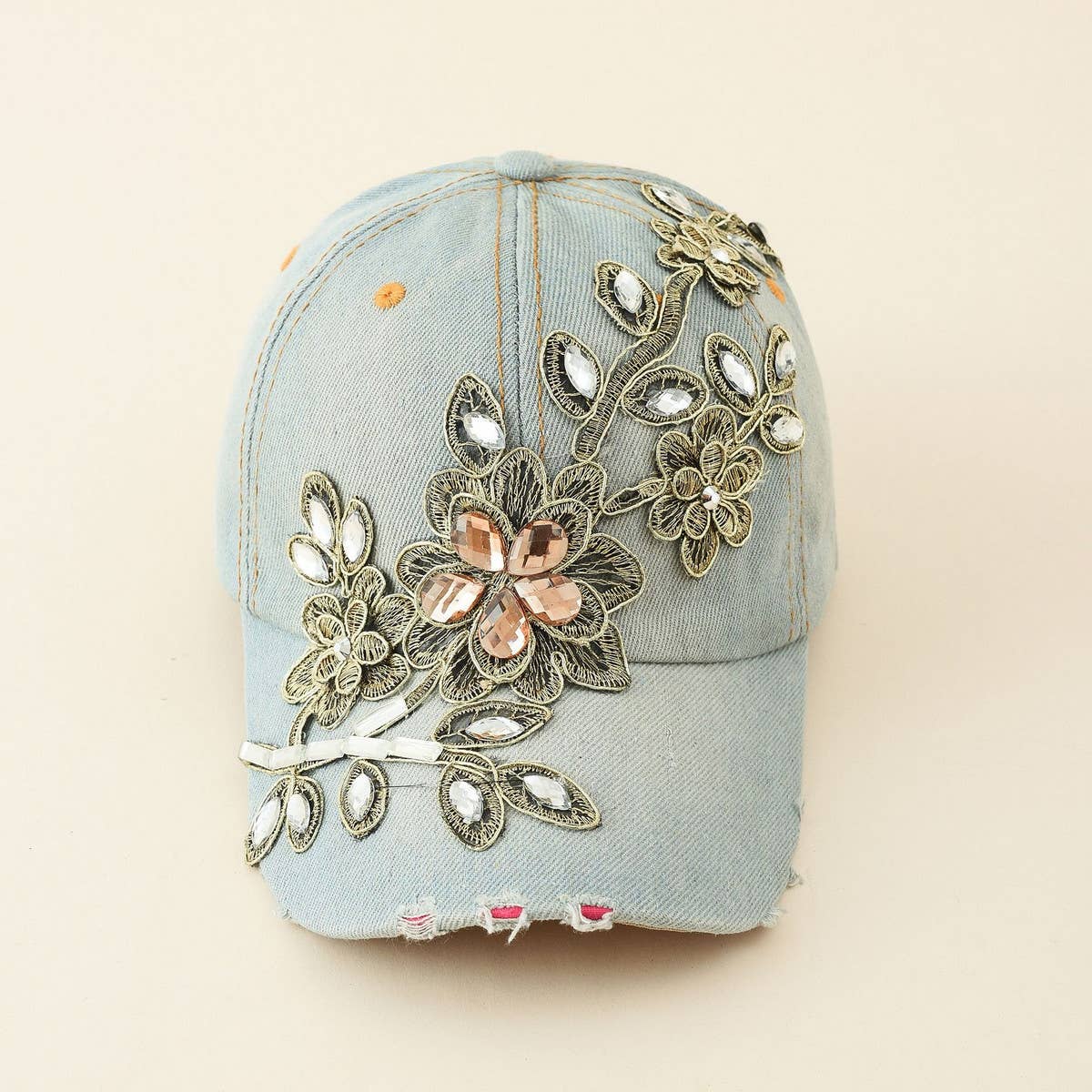 Diamond-Embellished Distressed Denim Baseball Cap CWAH1390