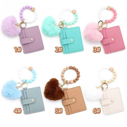Heart Fur Ball Keychain Wallet with Bead Bracelet_CUAB00448