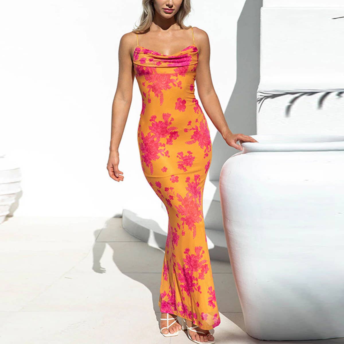 Sexy backless lace-up slim print halter dress