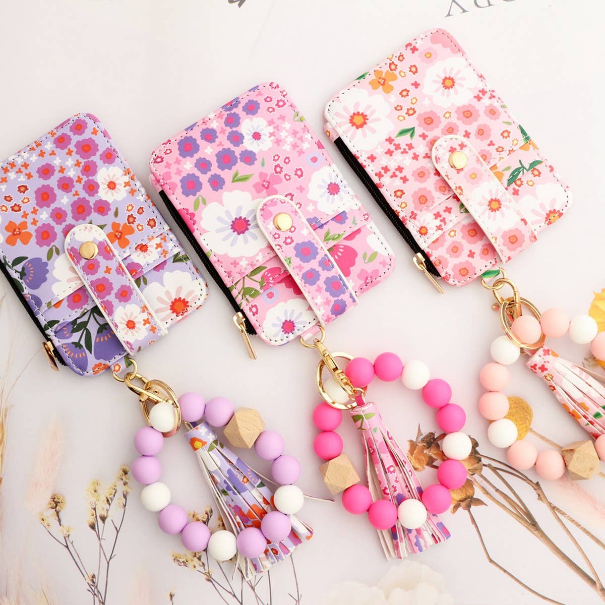Floral Print PU Wallet with Silicone Bead Keychain_CWAB4930