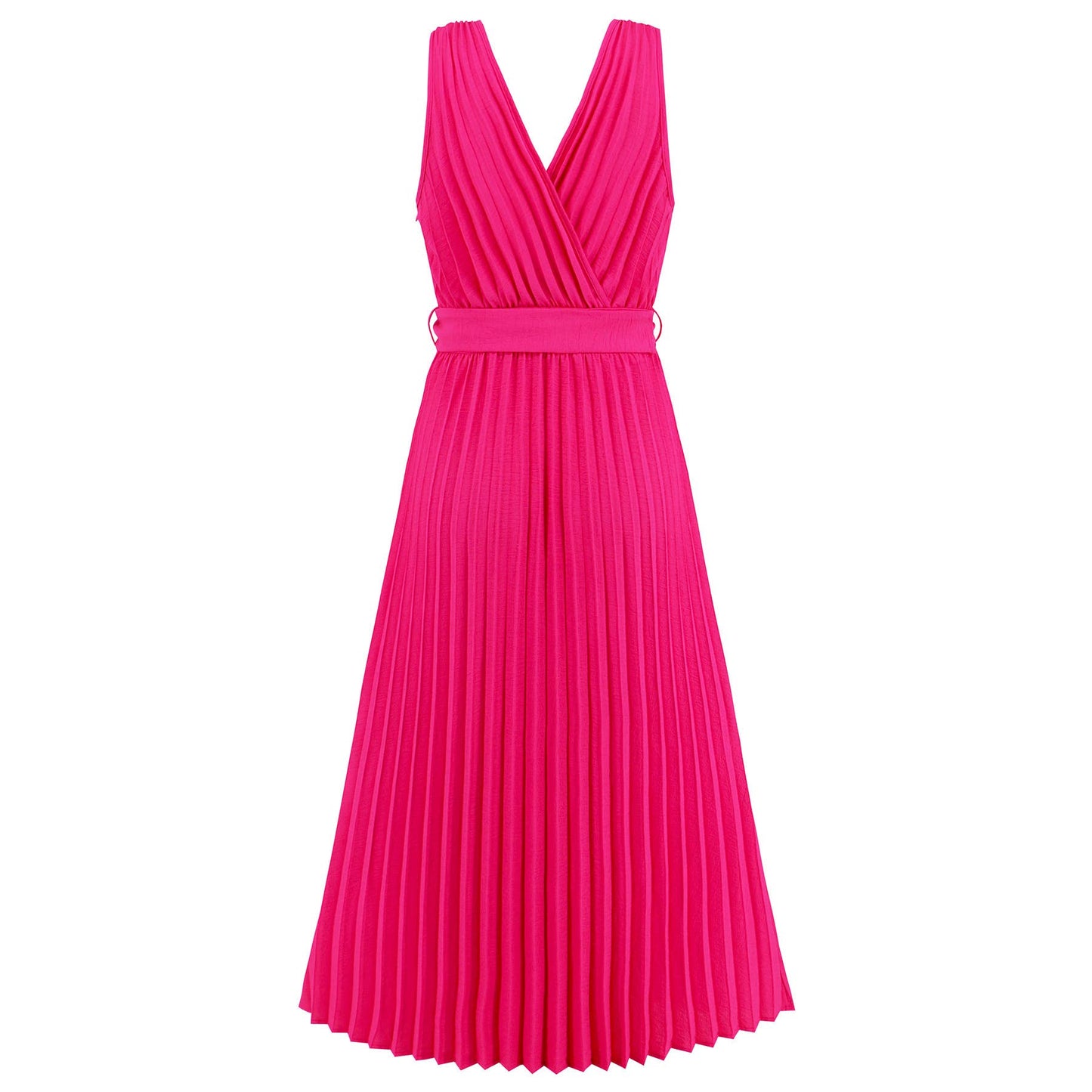 V-Neck Pleated Belted Bodycon Midi Dress