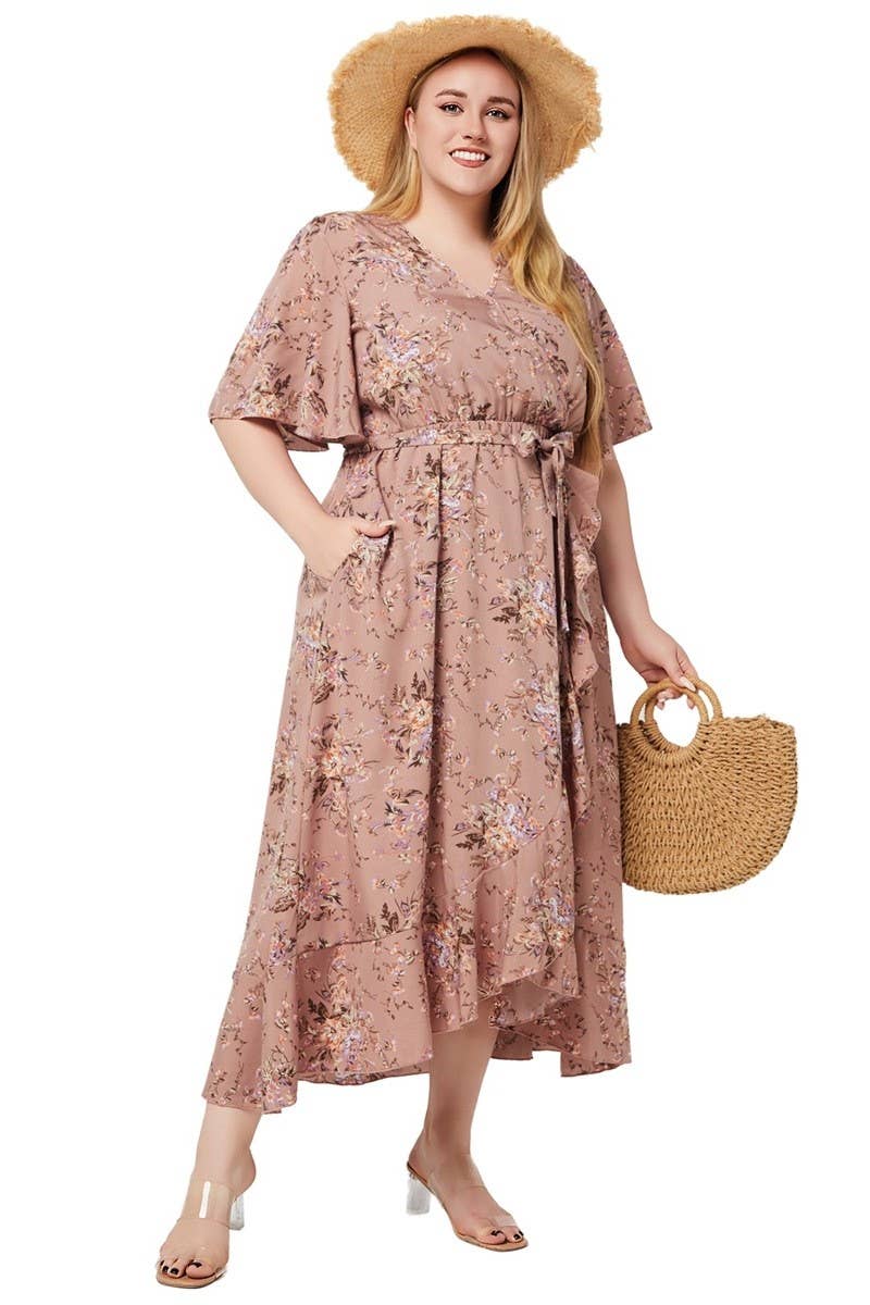 CWDMD3232_PLUS SIZED V-NECK RUFFLED PRINT POCKET DRESS