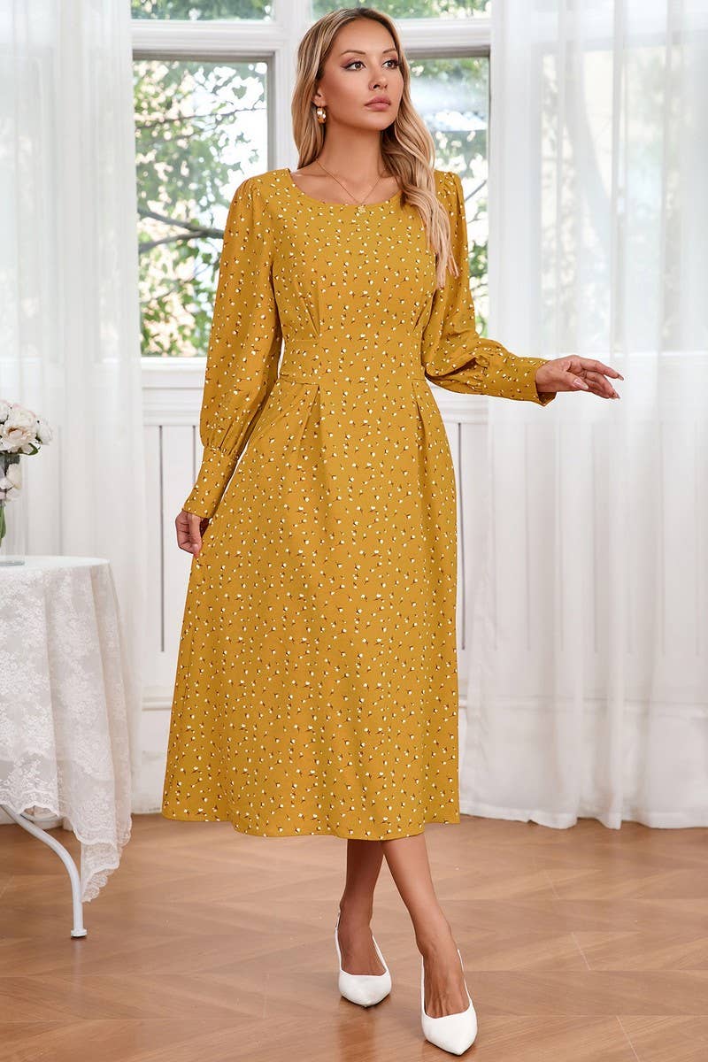 CWDMD3989_SMALL FLORAL ROUND NECK TIE LONG SLEEVE DRESS