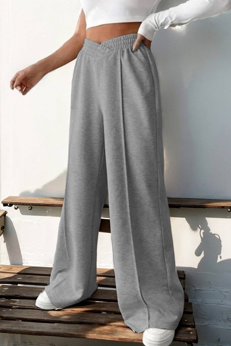 CWBLP1356_CASUAL ELASTIC V-NECK HIGH WAIST WIDE LEG PANTS