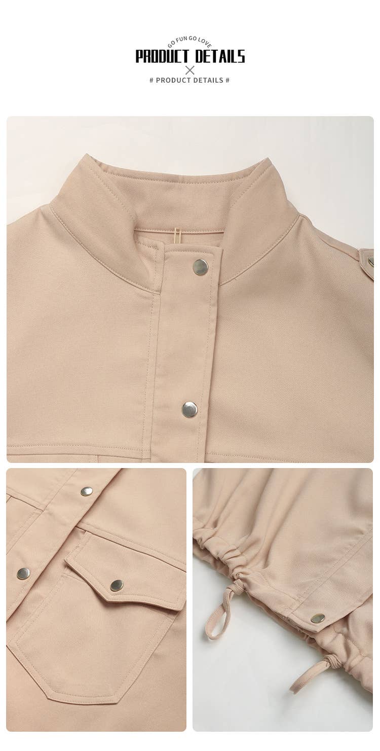 SOLID COLOR ZIP-UP JACKET WITH STANDING COLLAR