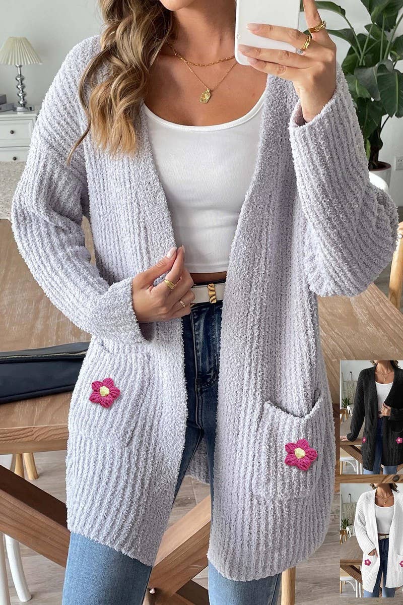 CWOSWL07406_WOMEN CROCHET DETAIL KNIT CARDIGAN WITH POCKETS