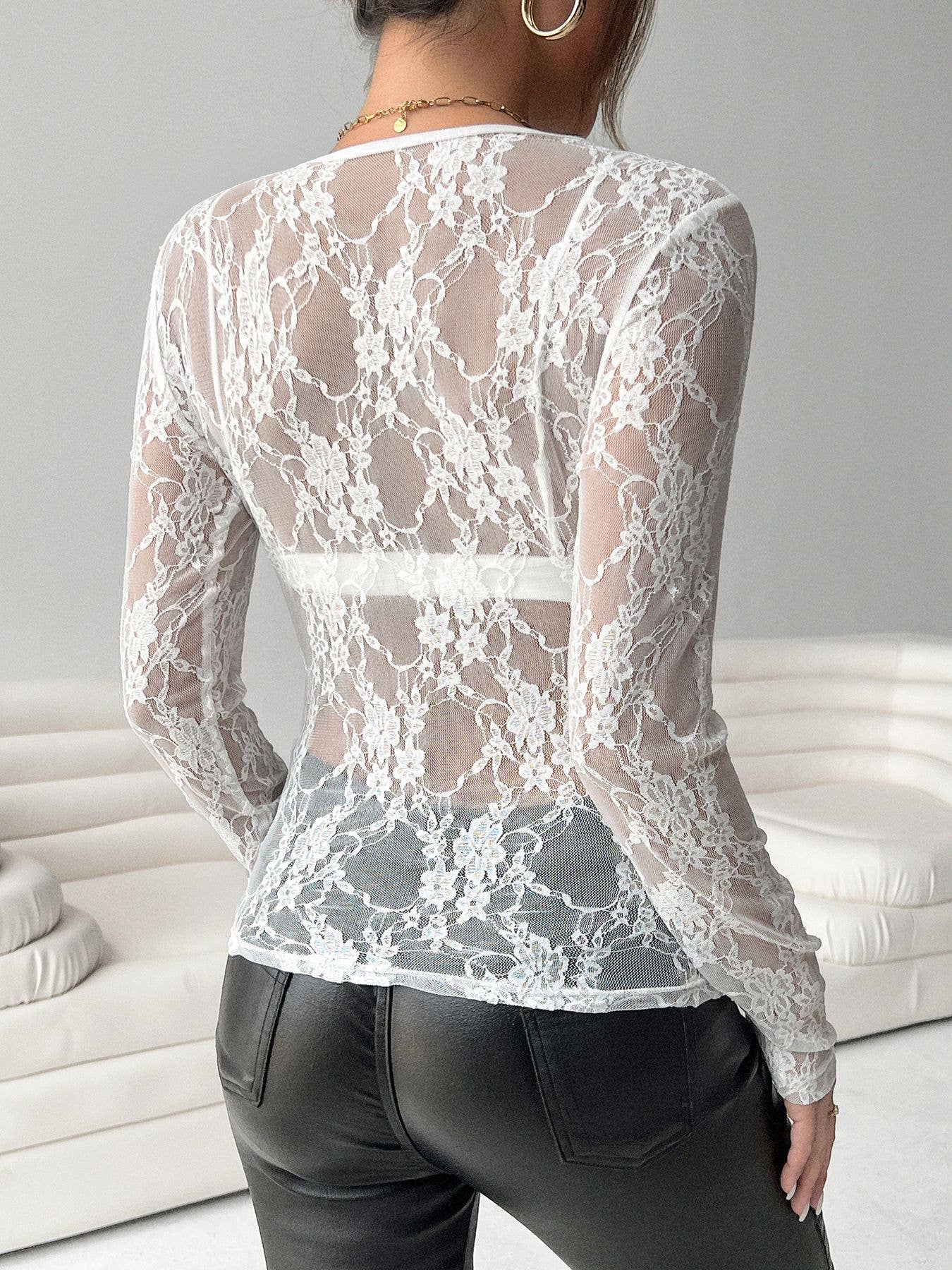 Single-layer lace slimming round-neck top