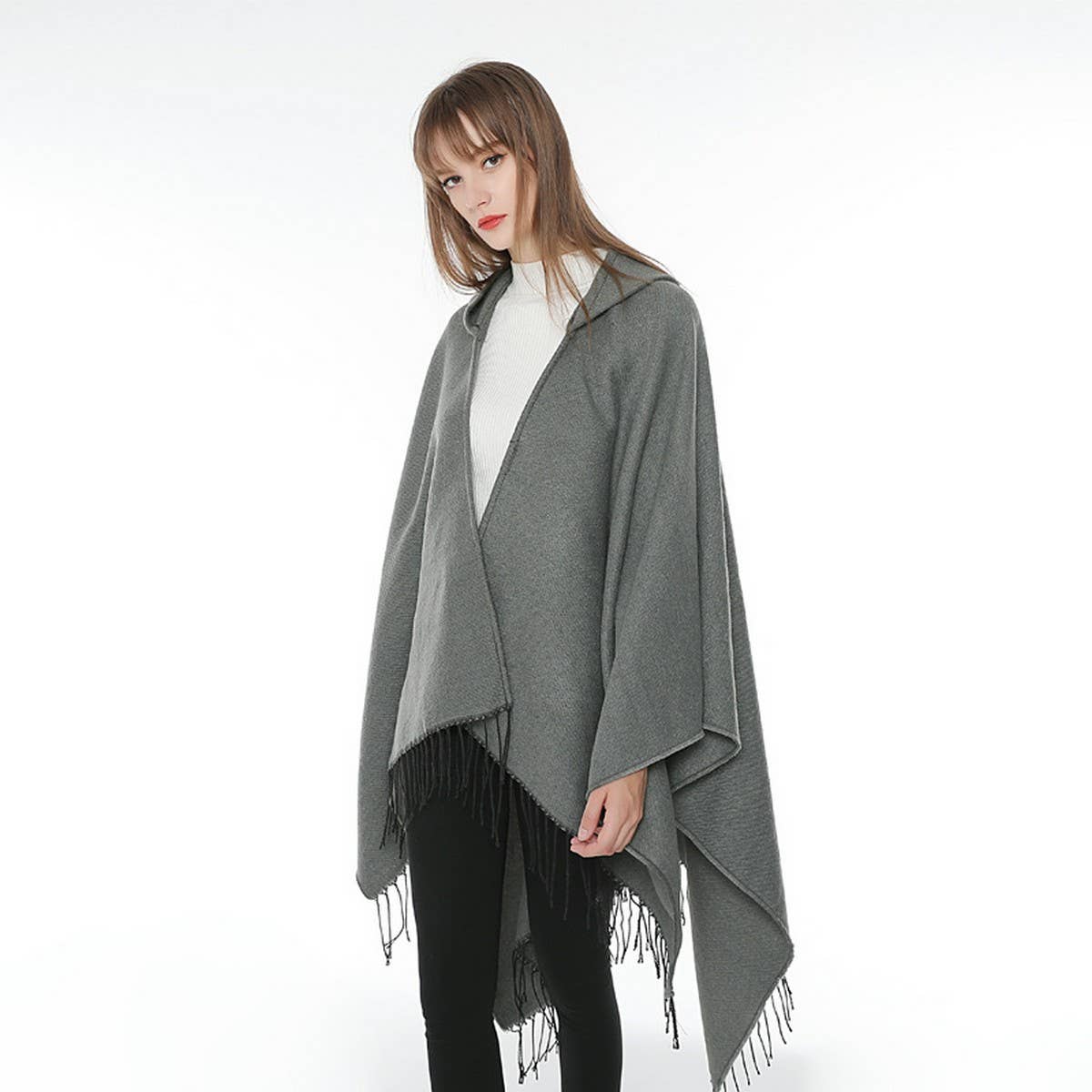 SOLID COLOR FRINGED HOODED BLANKET SHAWL CLOAK_CWASC0314