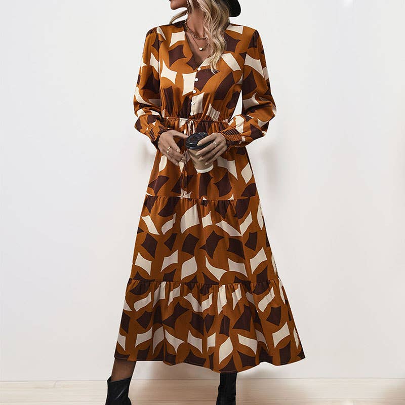 TEMPERAMENT V-NECK BUTTON-UP LONG DRESS